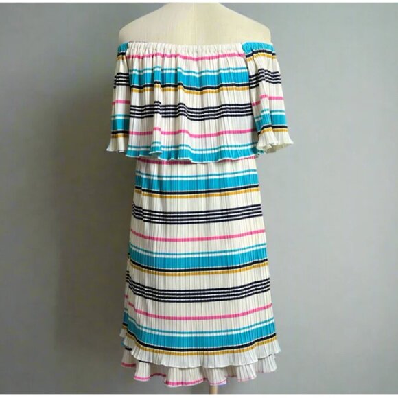 Anthropologie Boho Off the Shoulder Mini Dress XL White Striped A-Line Pleated - Picture 3 of 7